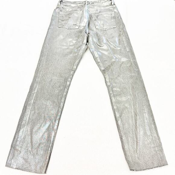 Zara Coated Silver Gray Metallic Denim Jeans Raw Hem Straight Leg Size 4 - Picture 3 of 10